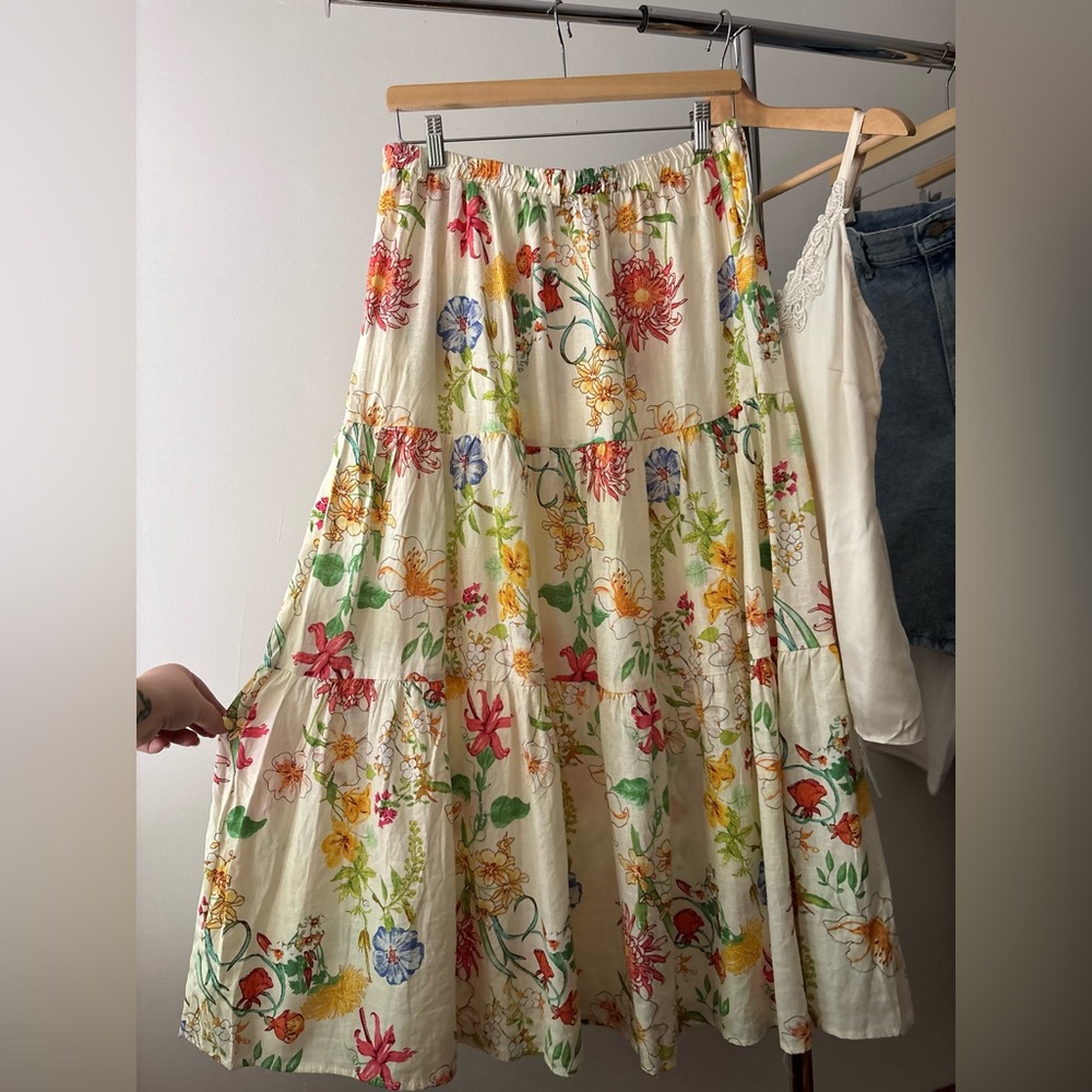 Linen Floral Tiered Cream Maxi Skirt